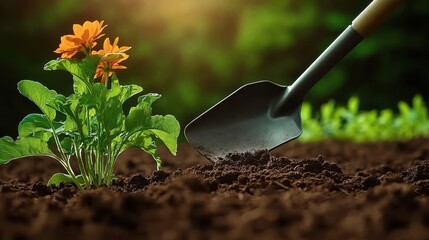 Gardener planting orange flower seedling with shovel in fertile soil