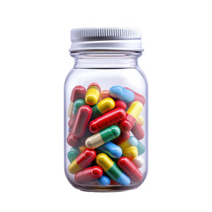 Colorful pills in a clear glass bottle on a Transparent background ready for medication use, Pills bottle on PNG background