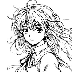 Fototapeta premium Anime girl with flowing hair looking thoughtfully in black and white 