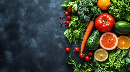 Assortment of fresh vegetables and fruits arranged on a dark textured surface with copy space to the left