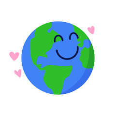 World illustration, The earth day concept, smiling planet earth vector graphic with pink hearts in simple style. Taking care of the planet.