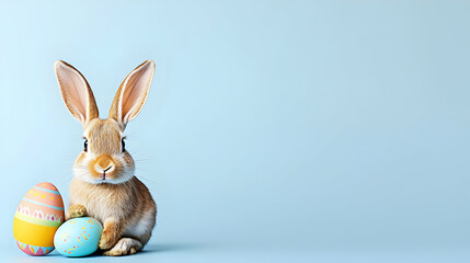 Obraz premium Cute Easter Bunny with Colorful Eggs on Light Blue Background