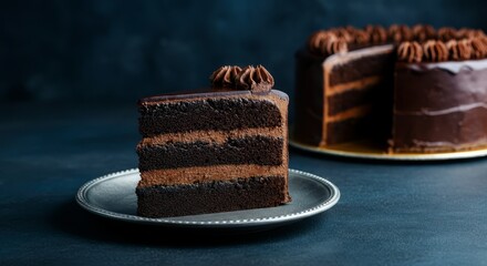 Decadent triple-layer chocolate cake slice on elegant plate with whole cake in background