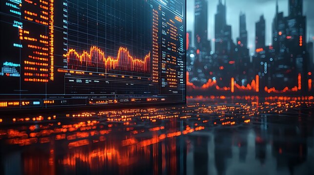 A stunning NFT trading dashboard in a futuristic skyscraper, large transparent screens displaying market trends, digital crypto assets floating in air, ambient lighting - Powered by Adobe