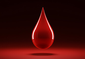 A single shiny red droplet suspended in air against a dark red background.