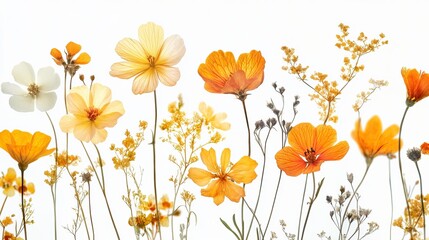Pressed Flowers Botanical Artwork Orange Yellow White Delicate Floral Arrangement Nature Still Life Photography Elegant Summer Blossom Meadow         