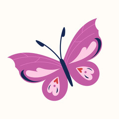 Pink butterfly with smooth curves and stylized wing details. Cartoon style with simplified shapes and clean outlines. White background. Suitable for kids designs, spring themes, paper crafts, and