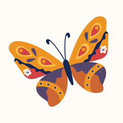 Orange butterfly with decorative wing patterns and floral elements. Cartoon style with bold outlines and flat colors. Light background emphasizing vibrant contrast. Suitable for spring themes