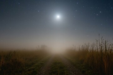 Fototapeta premium A moonlit path through a dense fog, stars barely visible through the mist.