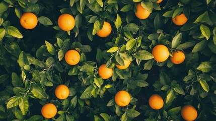 Aerial view of an orange tree farm with many trees growing and plantation fields on a sunny day.