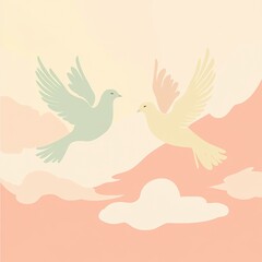 Obraz premium Two doves flying together symbolize peace and love against a soft pastel sky