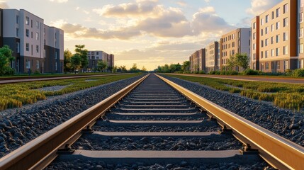 Fototapeta premium Urban Train Tracks with Residential and Retail Spaces