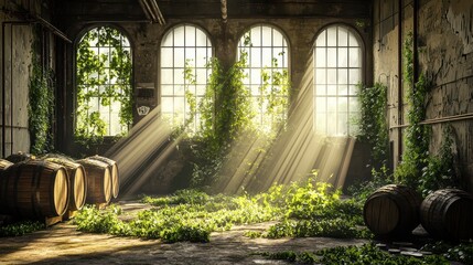 An abandoned beer production plant, the floor is covered with greenery and grasses. Light rays of sunlight pass through the large windows, and several barrels can be seen in the scene. 