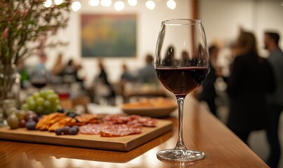 Naklejka premium a close-up shot featuring a glass of red wine with charcuterie board, with people in the background creating a warm and social atmosphere