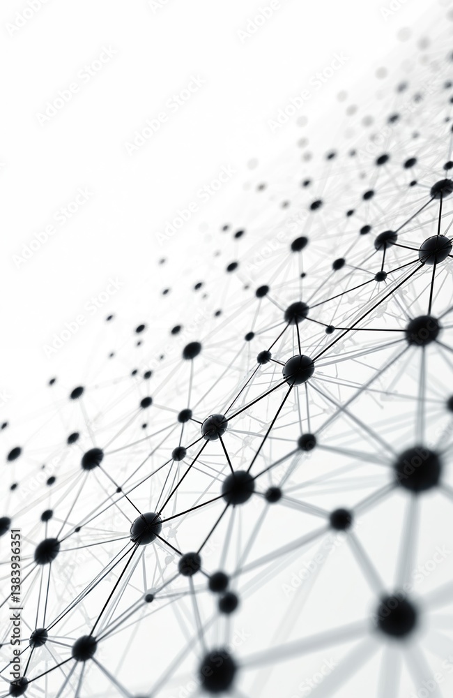 Poster Detailed visual illustration of technology network on white background. Dynamic, expansive network. Lines connect nodes, futuristic digital web abstract. Complex data communication system.