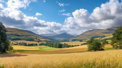 Obraz premium Beautiful landscape with a blue sky and white clouds over a golden wheat field in the countryside. 