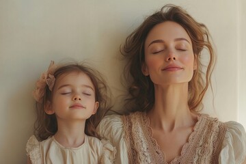 a serene moment of a mother and daughter with closed eyes. Both are peaceful, with sunlight on their faces, in soft light indoors