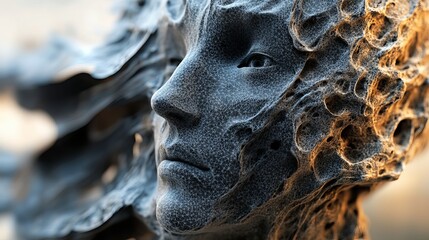 Abstract Digital Sculpture Face Art Grey Brown Hues Detailed 3D Render Modern Artistic Futuristic Style Unique Design Intricate Network Pattern       