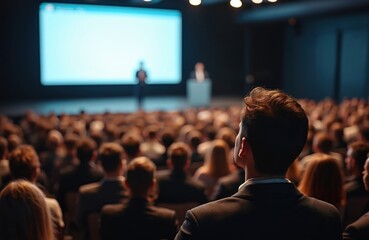 Audience listens speaker on stage during conference seminar. People watching presentation on screen. Public talk in hall. Business meeting. Pro event for entrepreneurs, business people.