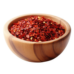 Wooden bowl filled with red pepper flakes, isolated on transparent background