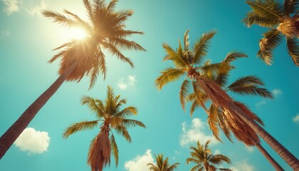 Low angle shot of palm trees against blue sky. Sunny day in Los Angeles. Vacation in California. Tropical plants against clear skies, sunshine. Vintage style, relaxing holiday.