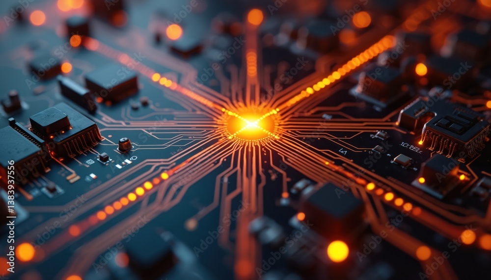 Poster illustration of digital circuit board with glowing orange lights. tech futuristic design of network,
