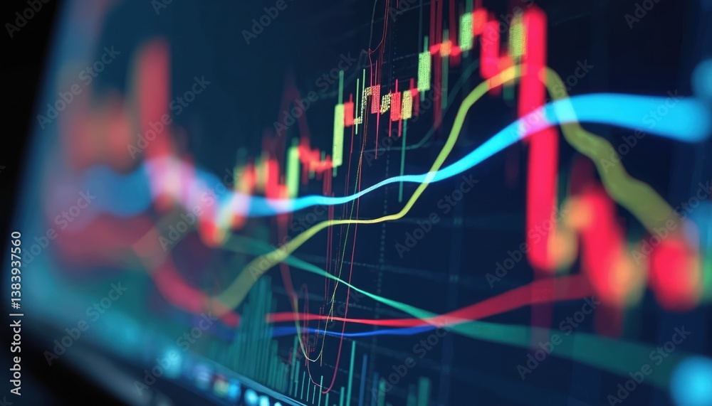 Aufkleber Financial instruments charts with indicators. Volume analysis for technical analysis on computer monitor display. Business, investment, economic data, stock market trading concept. Digital technology.