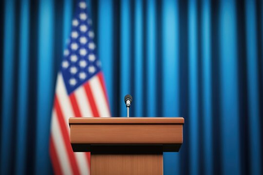 A podium with an American flag in the background, symbolizing patriotic speech or public speaking during political or civic events.