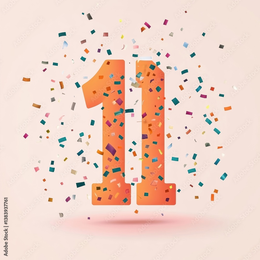 Poster modern and playful number icon representing age eleven surrounded by colorful confetti for a joyful 