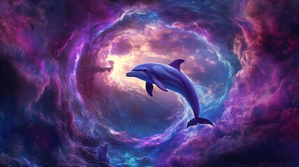 Dolphin leaping through a cosmic portal in the ocean blending realism with surreal fantasy stunning colors