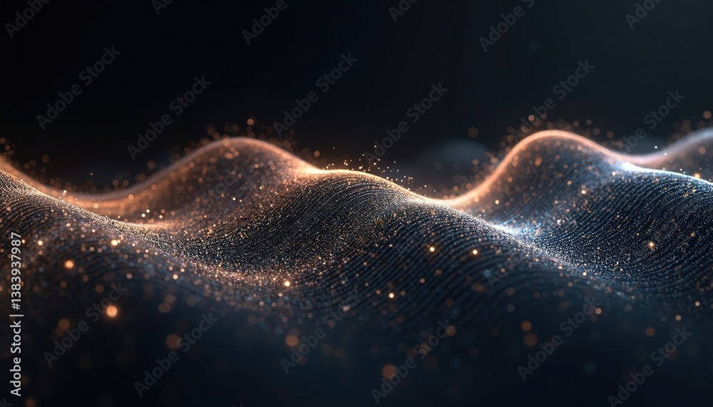 Poster Abstract futuristic digital wave with connecting dots lines on dark background. Wave particles flowing, tech design for AI, big data, network, innovation. Modern technology backdrop, digital space.
