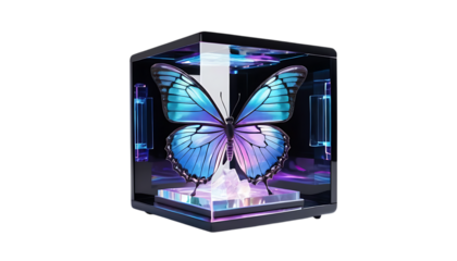 Glowing butterfly trapped inside a crystal cube holographic png