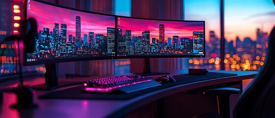 A tech-savvy workspace with three curved monitors, a backlit mechanical keyboard, a professional microphone, and a sleek gaming chair, illuminated by soft RGB lighting, creating a futuristic ambiance