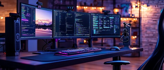 A tech-savvy workspace with three curved monitors, a backlit mechanical keyboard, a professional microphone, and a sleek gaming chair, illuminated by soft RGB lighting, creating a futuristic ambiance
