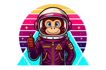 A monkey astronaut giving a thumbs up, floating through space with a retro cosmic background.