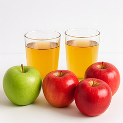 Two glasses of apple juice with fresh red and green apples on white background, healthy fruit beverage rich in vitamins
