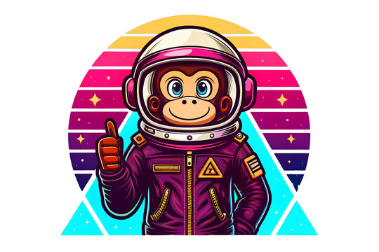 A monkey astronaut giving a thumbs up, floating through space with a retro cosmic background.