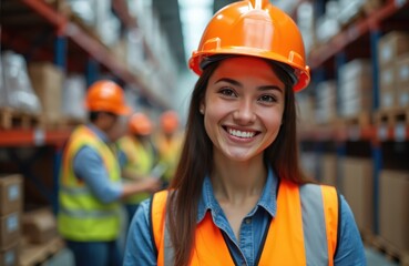 Smiling warehouse worker in logistics center. Female worker in safety vest, hard hat looks at camera. Logistic, delivery, distribution, storage and online order processing. Worker, industrial, retail.