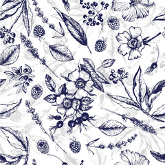 Elegant botanical floral pattern with vintage flowers and leaves, seamless design