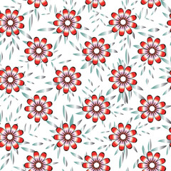 Floral seamless pattern with red flowers and green foliage