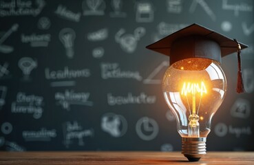 Bright lightbulb with graduation cap against blackboard background. Concept of education, knowledge, learning. Represents innovation, success, idea. Ideal for educational tech resources, school