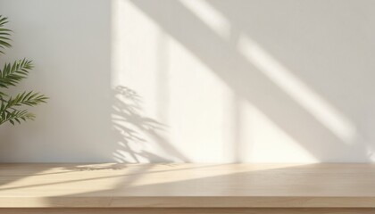 Wooden tabletop with sunlight streaks casting shadows on white wall. Natural light creates minimal, clean, modern interior design, blank space. Ideal backdrop product display showcase, home office