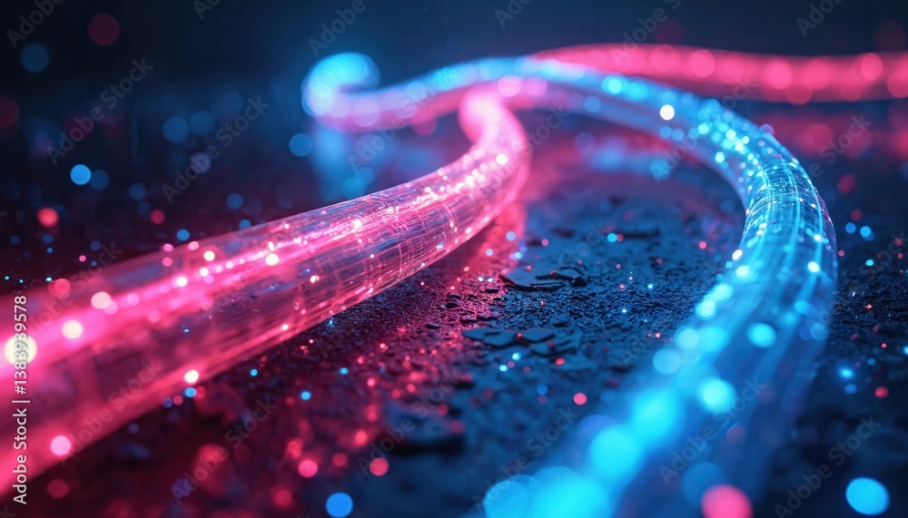 Poster abstract image features glowing fiber optic strands in futuristic dreamscape. neon light strands swi