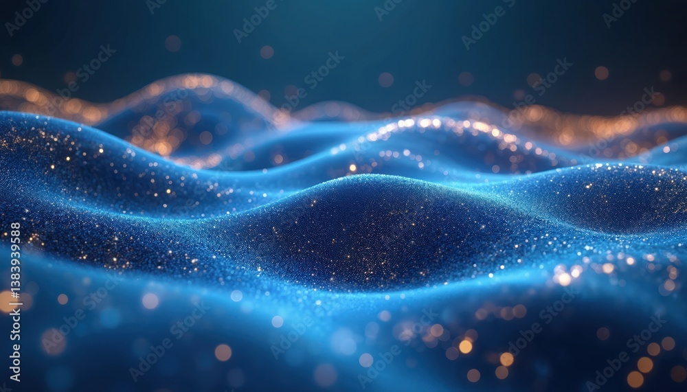 Aufkleber Digital abstract wave background blue color with gold particles. High-tech, futuristic design with undulating waves and shimmering lights. Visual data, tech, science, innovation.