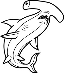 Naklejka premium Black and white digital drawing of a hammerhead shark viewed from below. Detailed illustration style with artistic shading, ideal for tattoos, minimalist graphic designs or marine conservation project
