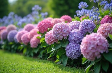Obraz premium Flowerbed with lush pink and purple hydrangeas and blue agapanthus blooms. Sunny day in garden. Brittany, France. Colorful landscape, perfect flowers, summer mood. Flowers on green lawn.