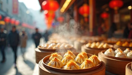 Close-up photo of Chinese street food. Steaming dumplings, dim sum in bamboo baskets. Vibrant scene in China, bustling market, urban life. Delicious authentic cuisine, local food for sale, travel.