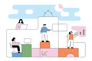 Business Growth and Innovation Illustration – Teamwork, Data Analytics, and Strategy in Modern Flat Design. Adobe Illustrator Artwork.