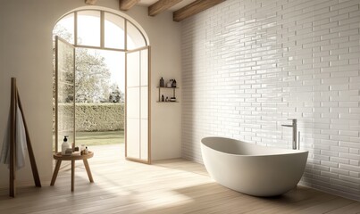 Fototapeta premium Serene Modern Bathroom Design with Garden View