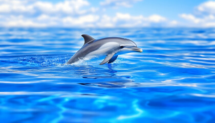 Naklejka premium A dolphin leaps from the ocean, its sleek body glistening, against a backdrop of vibrant blue water and a partly cloudy sky